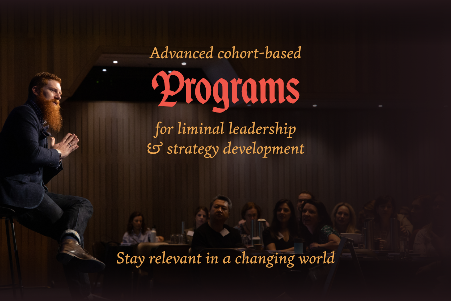Advanced cohort-based programs for liminal leadership & strategy development. This image shows Dr. Jason Fox speaking to a group of leaders. Stay relevant in a changing world.