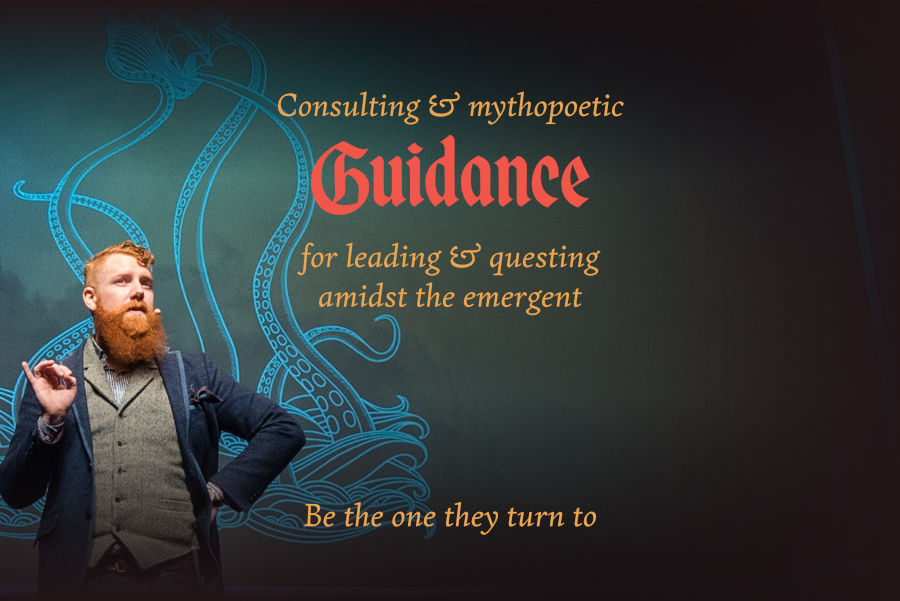 Consulting & mythopoetic guidance for leading & questing amidst the emergent. This image shows a close up of Dr. Jason Fox on stage in front of a screen with a kraken. “Be the one they turn to” is captioned.