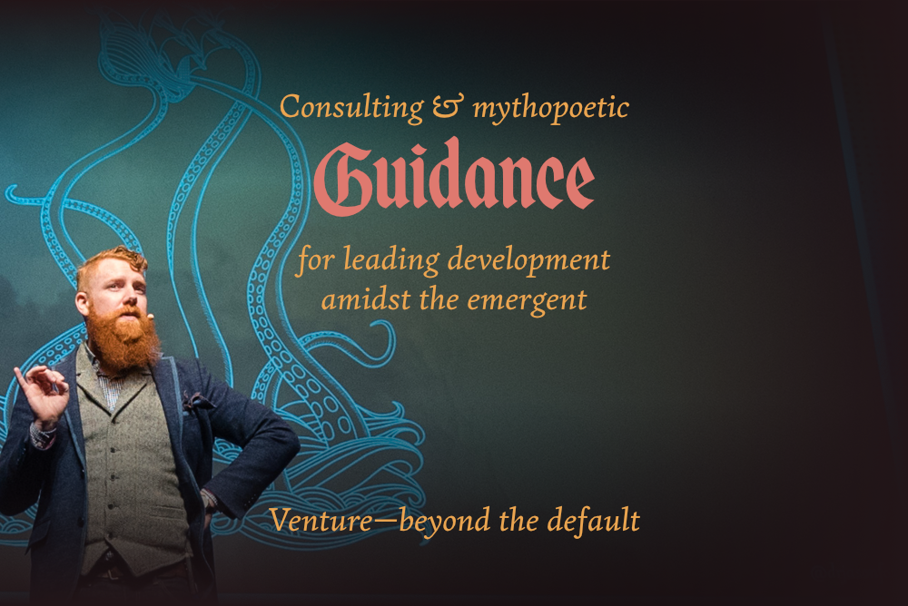 Consulting & mythopoetic guidance for leading & questing amidst the emergent. This image shows a close up of Dr. Jason Fox on stage in front of a screen with a kraken. “Be the one they turn to” is captioned.